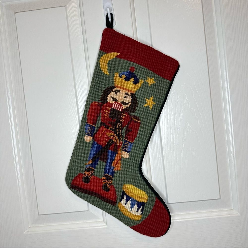 Vintage Green Red Nutcracker Needlepoint Stocking Christmas Holidays Retro Indie